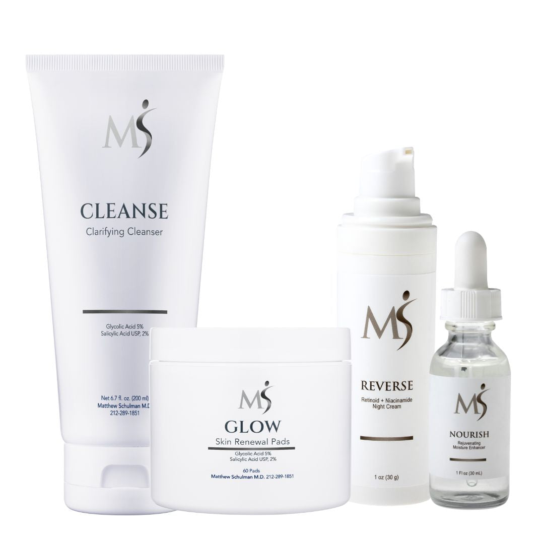 ACNE SKIN Kit from MSMDSkinTherapy contains products for acne-prone skin and pimples. It contains CLEANSE medicated cleanser, GLOW medicated daily pads, REVERSE retinol night cream, and NOURISH oil-free moisturizer
