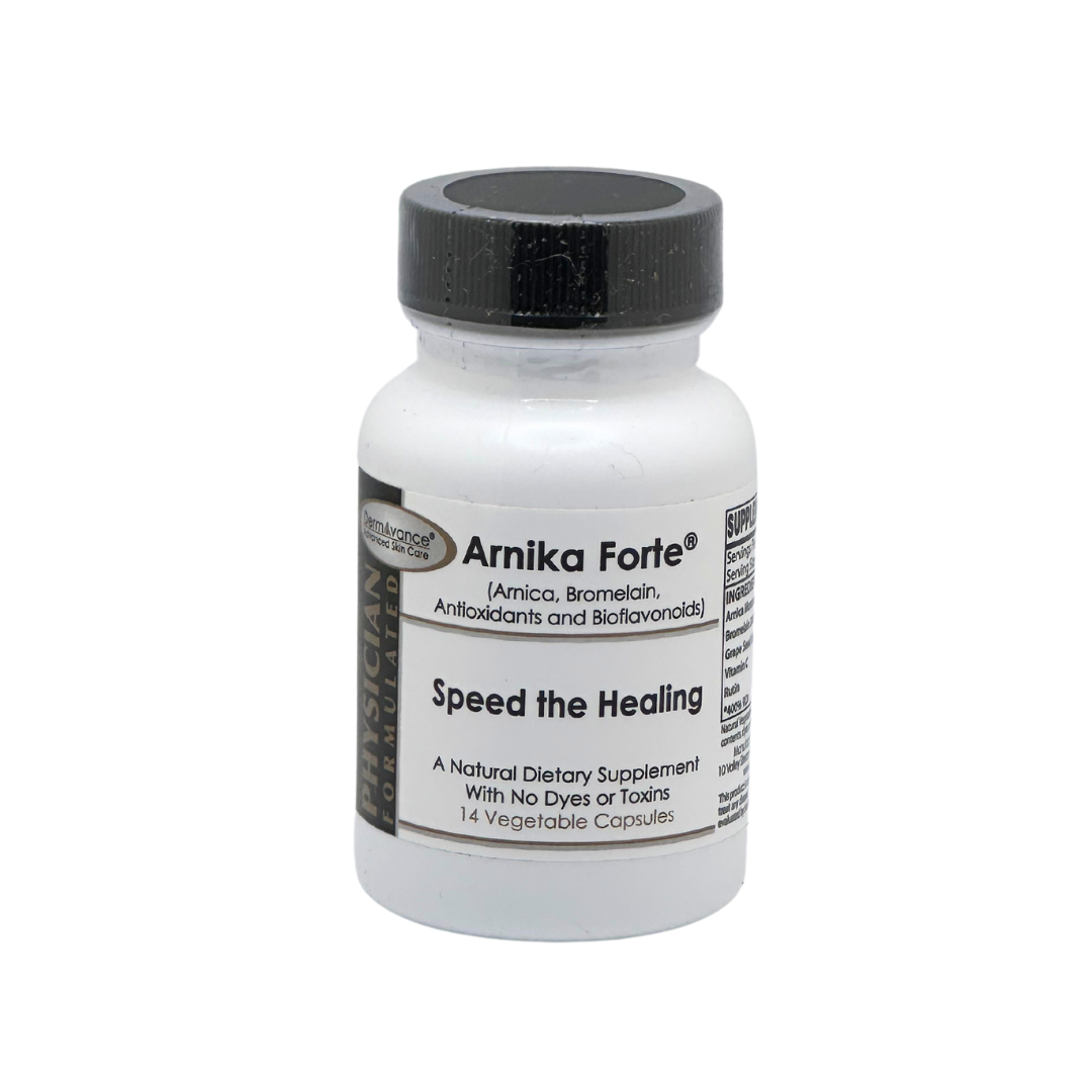 ARNIKAFORTE Recovery Formula from MSMDSkinTherapy contains powerful Arnica Montana AND Bromelain. These natural ingredients help to reduce bruising and swelling that occurs after surgical procedures or injectable treatments. These should be taken prior to a planned surgical procedure or immediately after any injury where bruising and swelling is anticipated.