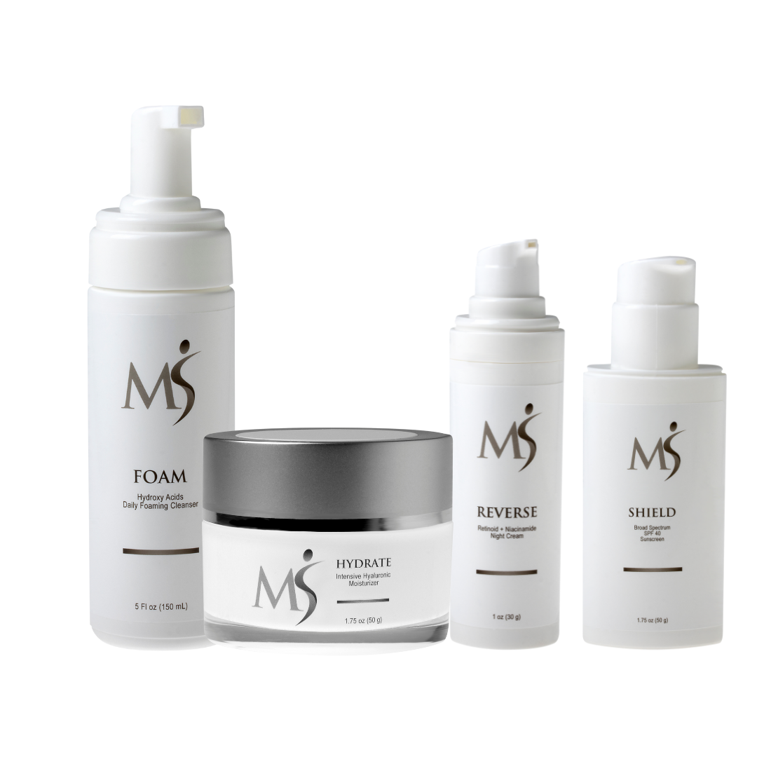 COMPLETE SKIN KIT contains all the essential products from MSMDSkinTherapy. It contains FOAM daily cleanser, HYDRATE deep moisturizer, SHIELD facial sunscreen, and REVERSE retinol night cream.