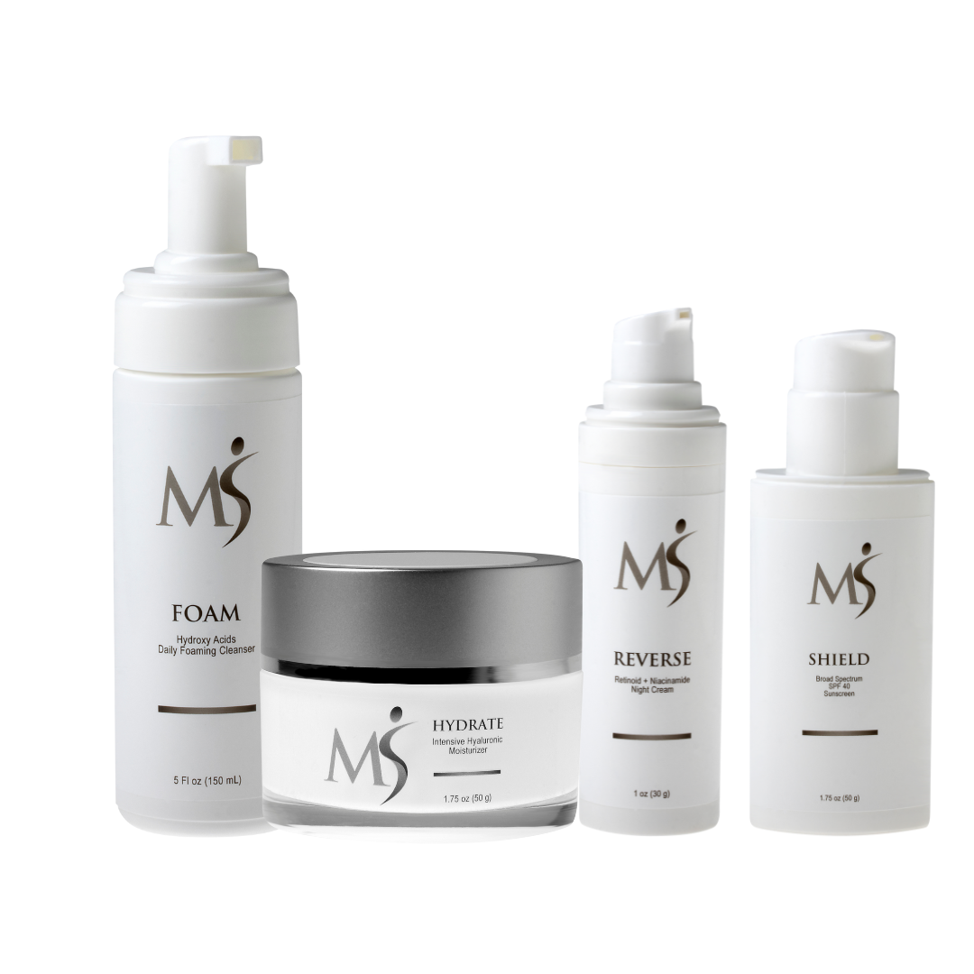 COMPLETE SKIN KIT contains all the essential products from MSMDSkinTherapy. It contains FOAM daily cleanser, HYDRATE deep moisturizer, SHIELD facial sunscreen, and REVERSE retinol night cream. 