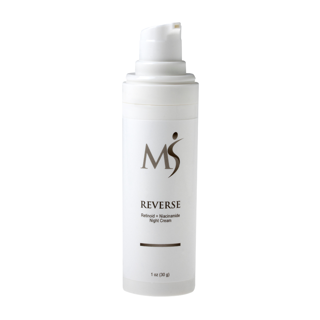 REVERSE retinol night cream from MSMDSkinTherapy contains prescription strength retinol to reduce breakouts and also to help aging skin.