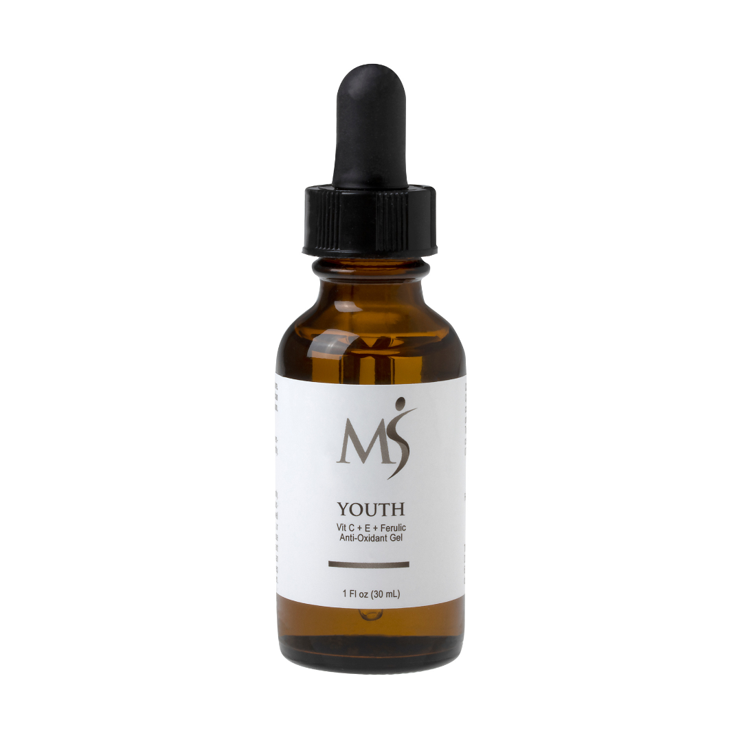 YOUTH Anti-Oxidant Gel from MSMDSkinTherapy contains Vitamin C, Vitamin E, and ferulic acid to protect against free radical damage to the skin