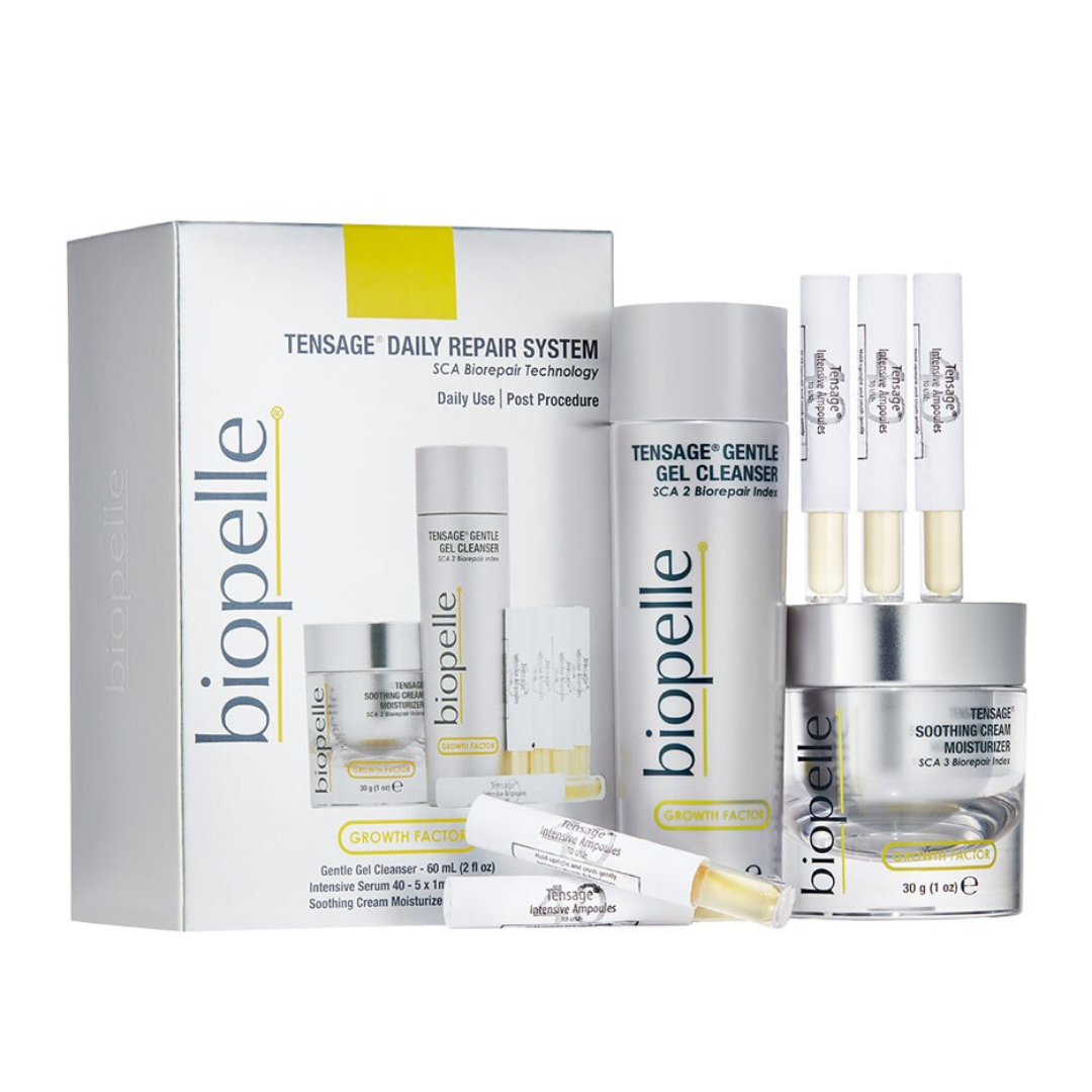 Tensage Recovery System supports skin's natural rejuvenation process. The exclusive SCA Biorepair Technology, a secretion from the Cryptomphalus Aspersa snail containing fibroblast growth factors and antioxidants, is clinically proven to help promote skin repair and healing, reduce the appearance of fine lines and wrinkles, and enhance skin tone and luminosity.