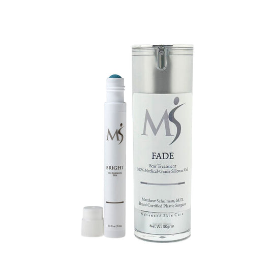 The image shows two products from MSMD SkinTherapy, a Scar Reducing Duo. There is a white pump bottle labeled 'FADE' and a roll-on stick labeled 'BRIGHT', both with the MSMD logo.