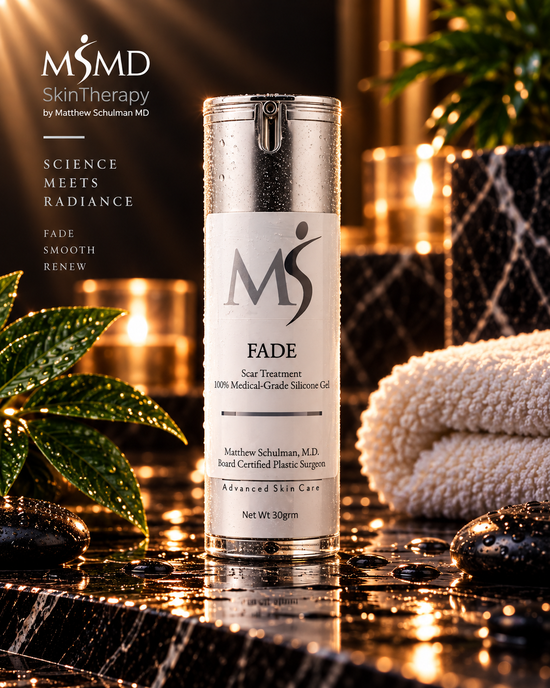 FADE scar gel on counter with backlighting and drops of moisture
